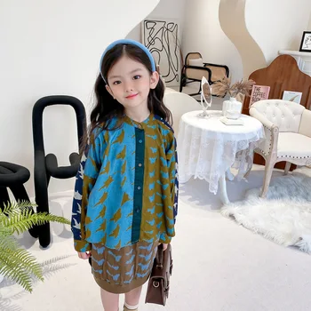 Детски дрехи комплект четка пеперуда печат прилеп ръкав контраст риза + вълна пола мода 2бр дрехи