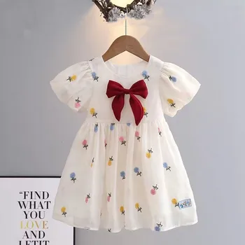Детски момичета лятна бродирана рокля Папийонка рокля малка свежа принцеса с къс ръкав бебе модна рокля