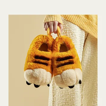 Детски памучни домашни обувки Момчета момичета карикатура сладък тигър нокът топло покритие петата плюшени удебелени чехли зимни плюшени обувки