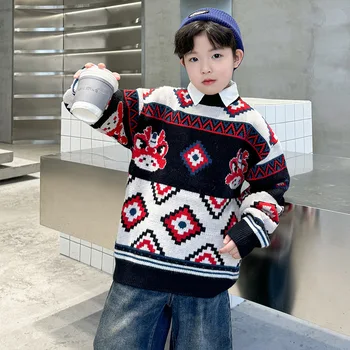 Детски пуловери Момчета Детски зимни О-образни плетива Пуловер Тийнейджър О-образно деколте пуловер Корейски връхни дрехи костюми 4-14 години
