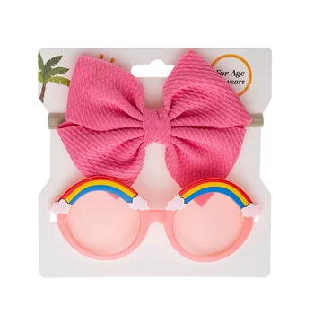 Детски слънчеви очила Комплект момичета Сладък анти-UV Rainbow печат слънчеви очила и лък лента за глава аксесоари за фотография