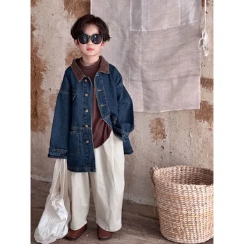 Детско дънково палто 2023 Есен Нов модерен корейски стил момчета и момичета дълго тренчкот цвят пачуърк случайни жилетка