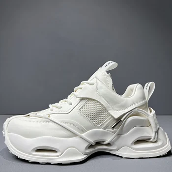 Европейски висококачествен занаятчийски дизайн Мъжки обувки Дебела подметка на висок ток Обувки на татко Мъже Лято Увеличени обувки от телешка мрежа Pantshoes