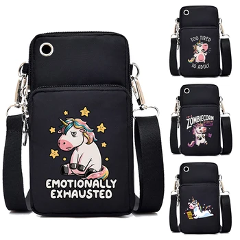 еднорог емоционално Exwwausted печат мини рамо чанта мода мобилен телефон Crossbody чанта за жени мъже еднорог малки чанти