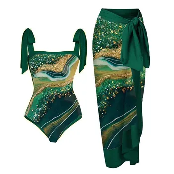 Зелен неправилен текстуриран отпечатан бански моден шик дами едно парче бикини квадратна яка прашка плажно облекло дантела нагоре покритие нагоре