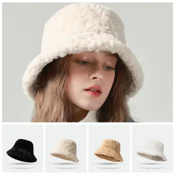 Зимна корейска плюшена кофа шапка за момиче топла топла рибарска шапка сладка корейска пухкава шапка жени ветроупорна вълнена шапка за защита на ушите