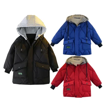 Зимни момчета с качулка топло плюшено яке 5-15 годишен Ежедневни хлабав пачуърк надолу палто Удебелени нови модни детски дрехи