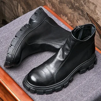 Зимни мъжки топли ботуши Луксозна естествена кожа Мода Ретро британски дизайнер на тенденции Елегантен черен глезен Бизнес социални обувки Мъж