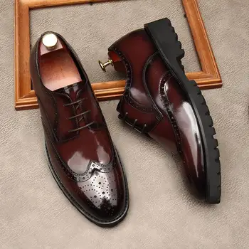 Италиански стил мъжки Оксфорд естествена кожа ръчно изработени обувки за мъже Бълок дантела нагоре сватбен офис бизнес официални обувки