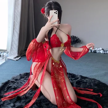 Китайска рокля в секси стил Cosplay бельо за жени Екзотичен и чувствен танцов костюм Комплект дантела Червен еротичен традиционен ханфу пола