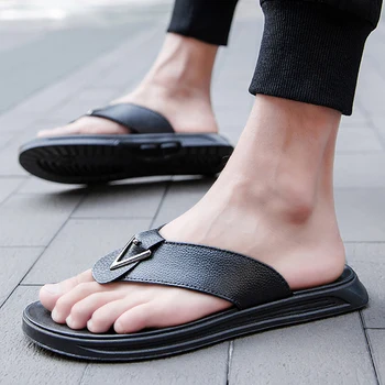 Кожени чехли Мъжки външни ежедневни обувки Отворени чехли с отворени пръсти Дебели сандали на платформа Плажни джапанки против хлъзгане Zapatos Hombre