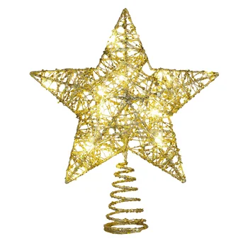 Коледно дърво шапка със звезди златен блясък тел дърво топ звезда с LED струнни светлини коледно парти украса