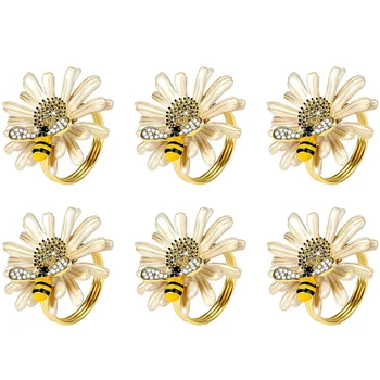 Комплект от 6 пръстена за салфетки от слънчоглед маргаритка, златни държачи за пръстени за салфетки за официални или ежедневни трапезни маси декор