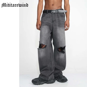 Корейска мода Y2k дупка дизайн мъжки дънки High Street Ditressed прави дънкови панталони хлабав торбест случайни широк крак панталони