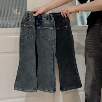 Корейско детско облекло 2023 есен нови момичета модни плюшени панталони, висок клас ежедневни дънкови прави панталони за деца