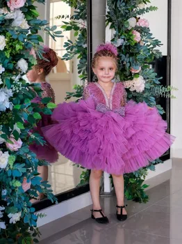 Лилаво подпухнали цветя момиче рокли V врата дълъг ръкав детски рожден ден парти принцеса рокля дете кърпа Tutu коледна рокля