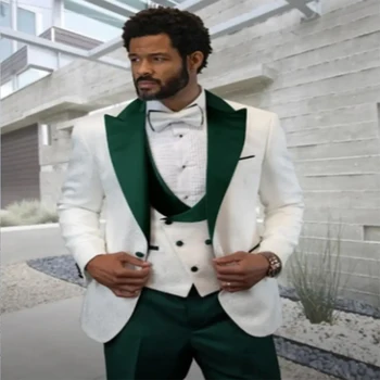 Луксозни жакардови мъжки костюми 3 бр зелен връх ревера сватба младоженец рокля Trajes Elegante Para Hombres Blazer яке + панталони + жилетка