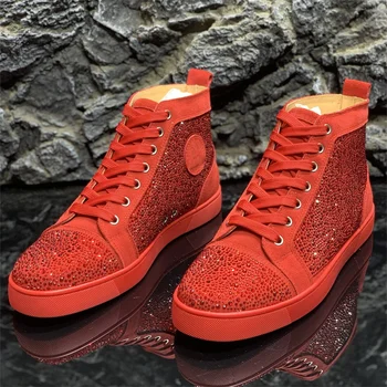 Луксозни кристални червени дъна високи върхове лъскави велурени диаманти кристални обувки за мъжки ежедневни плоски мокасини Дамски марки маратонки