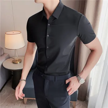 Лято безшевни еластични корейски стил лек бизнес мъжки риза с къс ръкав коприна вертикален смисъл без желязо случайни мъжки дрехи