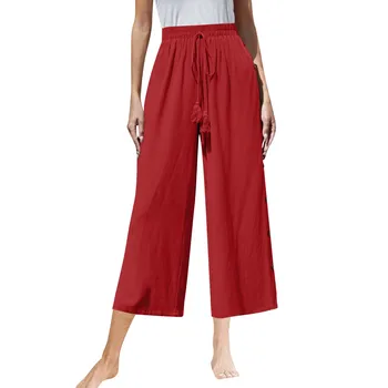 Лято Дамски ежедневни панталони Capris страничен бутон декорирани монтаж Relaxed годни широк крак панталони дама тийнейджъри улично облекло изрязване панталони