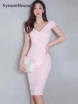 Лято есен жени нови корейски v-образно деколте обвивка молив рокля елегантна мода тънък секси работа бодикон рокли офис парти vestidos