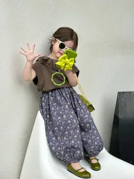 Лято Ново детско облекло Дантелена яка тениска Свободна мода Тениска с къс ръкав Летен стил Детски дрехи Костюм