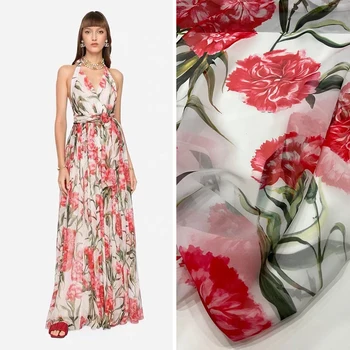 Лято тънък шифон плат марка моден дизайн перспектива меки дамски рокля цвете печат кърпа DIY шевни материали на метър