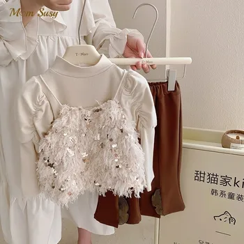 Мода бебе момиче каишка пайети жилетка суитчър изгорени панталони бебе малко дете детски дрехи комплект пролет есен бебешки дрехи 1-7Y