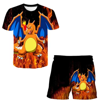 Мода гореща продажба Pokémon спрей дракон модел детска тениска и шорти комплект O-образно деколте къс ръкав за момчета и момичета отгоре