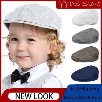 Момче джентълмен барета детски красив бял кръщение осмоъгълна шапка връх шапка предна шапка малък костюм аксесоари