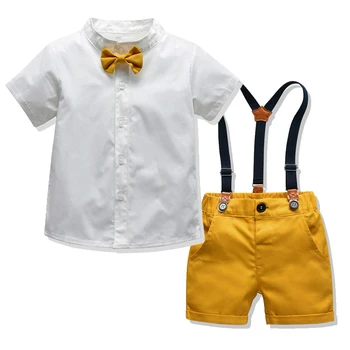 Момче официално облекло костюм дете твърда риза лък жълти шорти колан дрехи комплект сватба рожден ден малко дете деца момче връхни дрехи