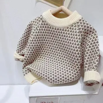 Момчета вълнен пуловер плетене на една кука памук плетене 2023 Евтини топли сгъсти пролет зима тийнейджъри върховете детски дрехи