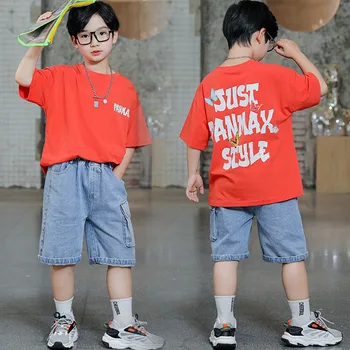 Момчета Летни облекла Комплекти 2022 Нова мода Smart O-образно деколте писма печат отгоре & дънки шорти тийнейджърски дрехи детски облекло