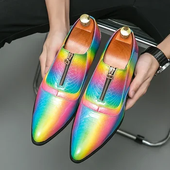 Мъже високи токчета PU многоцветни заострени цип маншети мода банкетни обувки удобни бизнес ежедневни обувки фризьор обувки