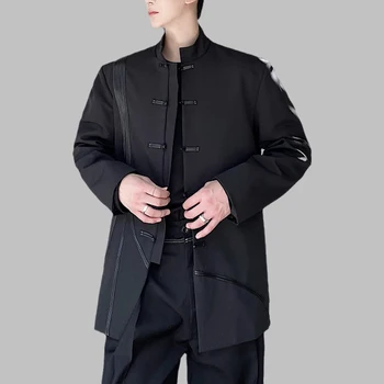 Мъже Ежедневни блейзъри диск катарама кожено въже пискюл стойка яка дълъг ръкав костюми якета нов китайски стил Zhongshan палта