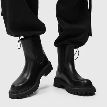 мъже мода челси ботуши черен стилен естествена кожа обувки парти бала рокля високо мотоциклет обувка платформа буци botas hombre