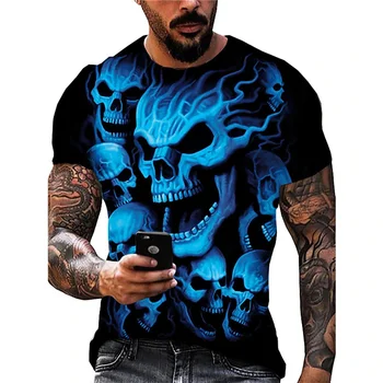Мъжка тениска Лятна мода Черен череп Тениски 3D принт T Shirt Cool Street Horror Готически къс ръкав Tops Male Tee
