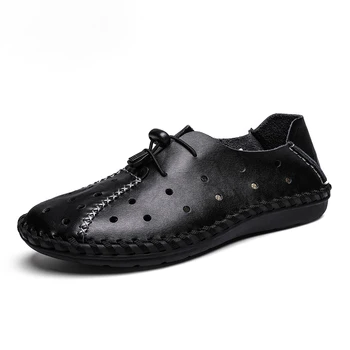 Мъжки ежедневни обувки Луксозна марка Лятна естествена кожа Мъжки мокасини Мокасини Кухи дишащи приплъзване на обувки за шофиране 38-49