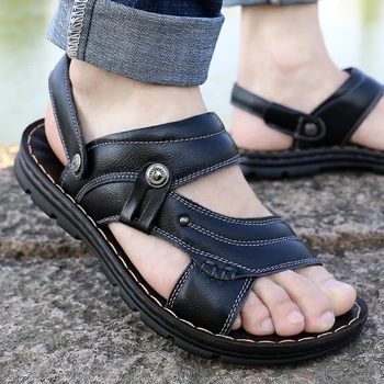 Мъжко лято Нови сандали и чехли Мъжки сандали от естествена кожа Плажни обувки за възрастни с дебела подметка Нехлъзгащи се сандали от естествена кожа с отворени пръсти