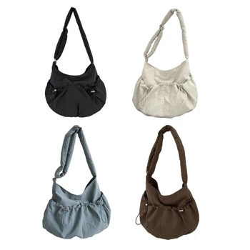 Нагънат Crossbody чанти мода рамо чанти голям капацитет плътен цвят модерен чанта за момиче жени шнур найлон чанти