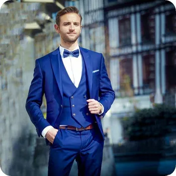 Най-добър мъж Кралско синьо мъже костюми сватбени костюми за мъж Връх ревера младоженец по поръчка Slim Fit Официален абитуриентски смокинг младоженеца