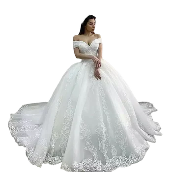 Най-новите Скъпа от рамото Бална рокля Сватбени рокли Sweep влак дантела апликации Вестидо Нойва булчински рокли
