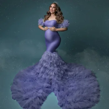 Невероятно прашно синьо майчинство рокля за фотосесия буйни къдри бременност babyshower булчинска рокля за фотография
