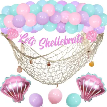 Нека Shellebrate русалка рожден ден банер декор с рибарска мрежа Балони с раковини, под морето Океан Консумативи за рожден ден