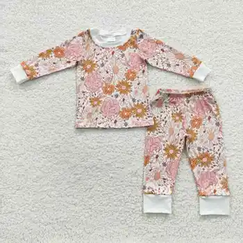Нов дизайн RTS дълъг ръкав малко дете момиче бутикови костюми деца есен дрехи комплект бебешки цветя тоалети