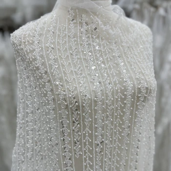 нов дизайн луксозни пайети мъниста перла бродерия висок клас сватбена рокля дантела тъкани