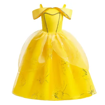 нов Хелоуин спящата красавица принцеса косплей рокля-нагоре момичета коледно парти рокля деца жълт сладък подпухнали рокля 4-12Y