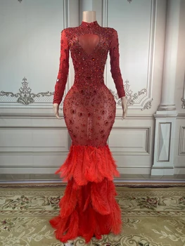 Нов червен перо опашка дори рокля мода дълга рокля най-новите рокли дизайни лъскав диамант кристал рожден ден костюм жени парти