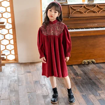 Нова 2024 момичета есенна и зимна рокля деца флорални пачуърк облекло мода деца принцеса рокли, #7157