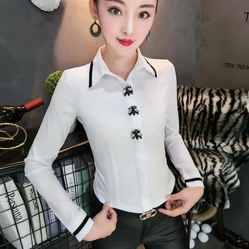 Нова пролет 2023 Дамски дрехи blusa feminina тънък завой яка корейски дама върховете офис дама Бяла блуза риза